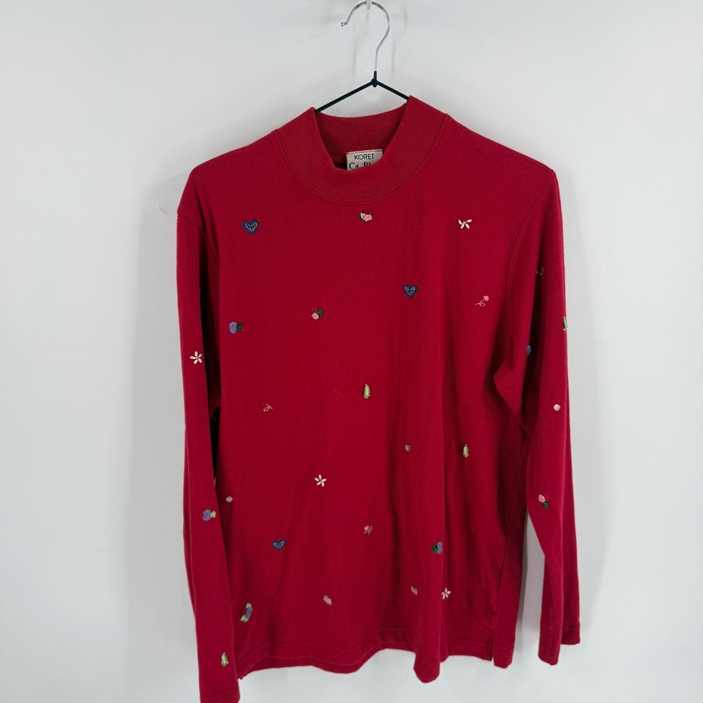 Vintage Koret City Blues Embroidered Knit Pullover Sweater Red Mock Neck Size M